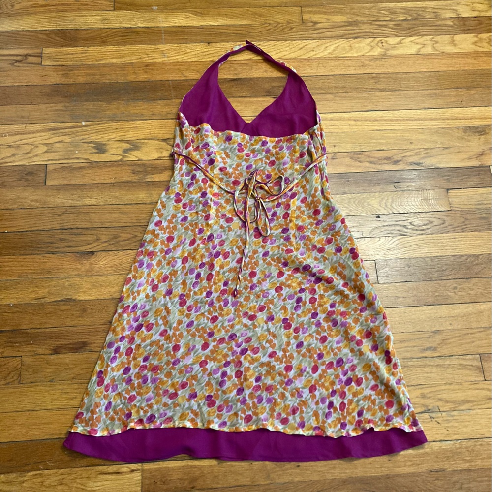 Silk Halter Floral Pink Orange Purple Yellow Y2K Dress Size XL - Picture 5 of 8